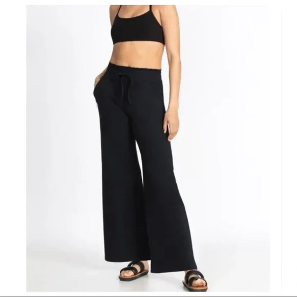 Wide Leg Relaxed French Terry Drawstring Raw Edge Hem Pants - Picture 2 of 5